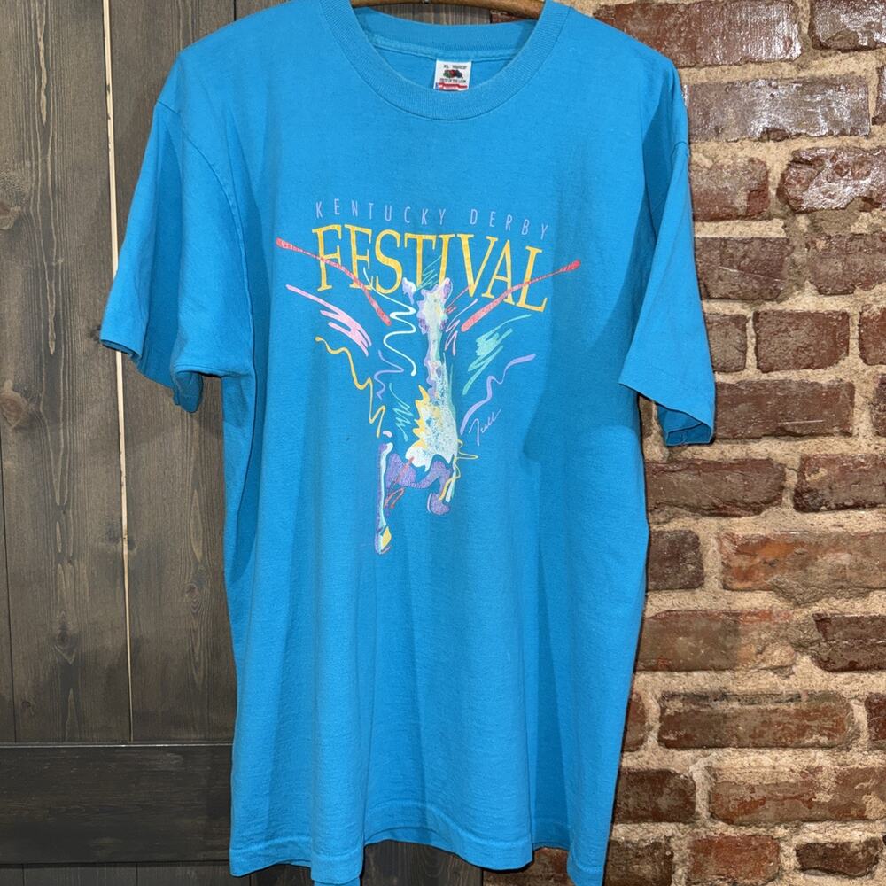 Vintage 1991 Fruit Of The Loom (Kentucky Derby) Single Stitch Teal Blue T-shirt - Picture 2 of 7